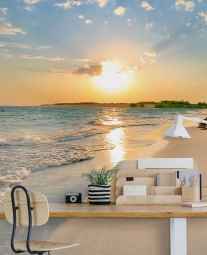 carta da parati murale blu e arancione sulla spiaggia chiamata Tranquil Beach Sunset per uffici carta da parati murale blu e arancione sulla spiaggia chiamata Tranquil Beach Sunset per uffici