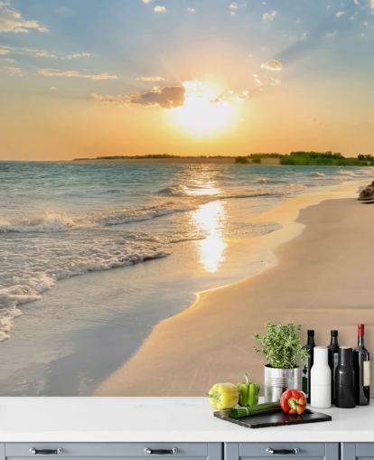 blå og orange strand tapet vægmaleri kaldet Tranquil Beach Sunset til kontorer blå og orange strand tapet vægmaleri kaldet Tranquil Beach Sunset til kontorer