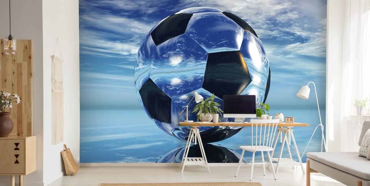 blauwe muurschildering voor kindervoetbal genaamd Aqua Football voor kinderkamers en speelkamers