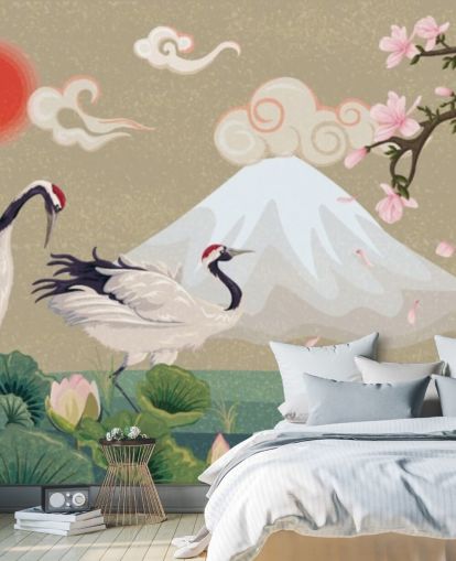 guindastes japoneses com monte fuji em papel de parede de fundo guindastes japoneses com monte fuji em papel de parede de fundo