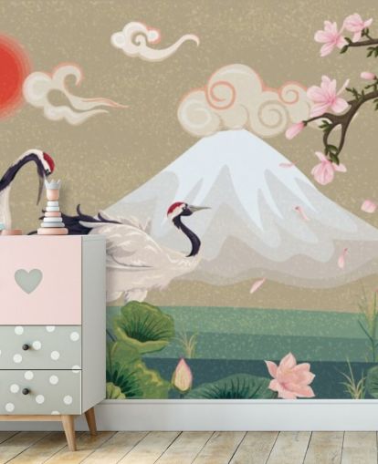 japanske kraner med mount fuji i bakgrunnen tapet japanske kraner med mount fuji i bakgrunnen tapet