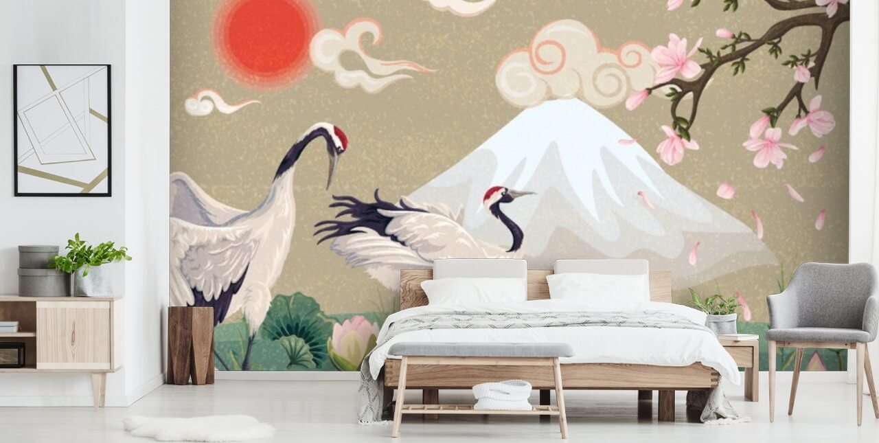 japanese cranes with mount fuji in background wallpaper japanese cranes with mount fuji in background wallpaper