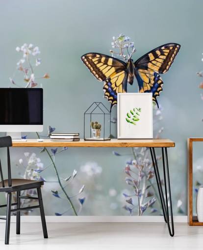 orange und blauer Schmetterling ruht auf Blumen Tapete orange und blauer Schmetterling ruht auf Blumen Tapete