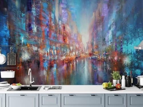 fargerik abstrakt kunst av en by tapet