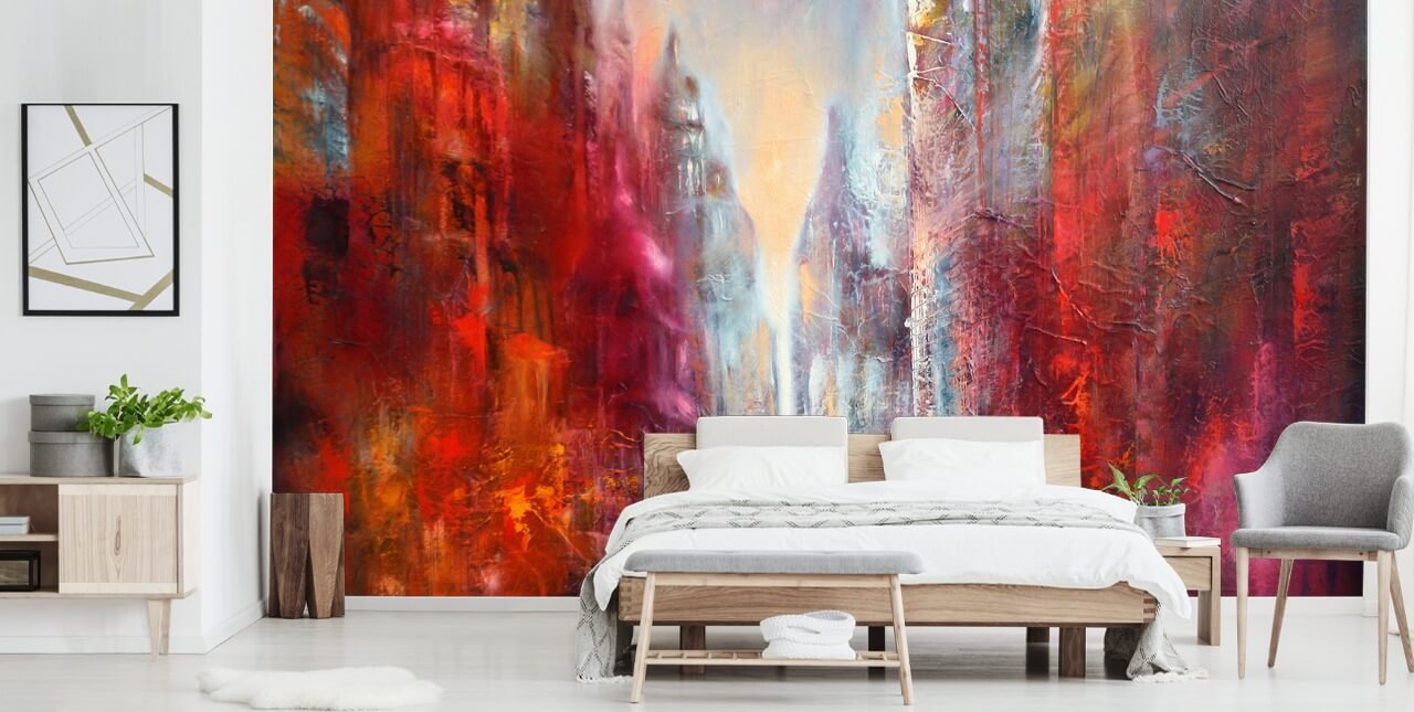 papier peint de ville peint abstrait rouge, orange et rose