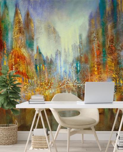 gyllene och orange abstrakt konst av en stad tapeter gyllene och orange abstrakt konst av en stad tapeter