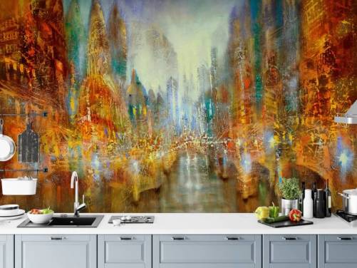 gyldne og orange abstrakt kunst af en by tapet