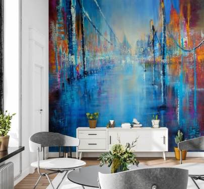 blauwe en oranje abstracte kunst van wegbehang