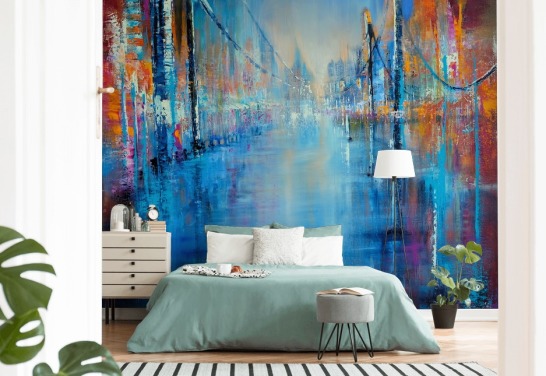blue and orange abstract art of road wallpaper