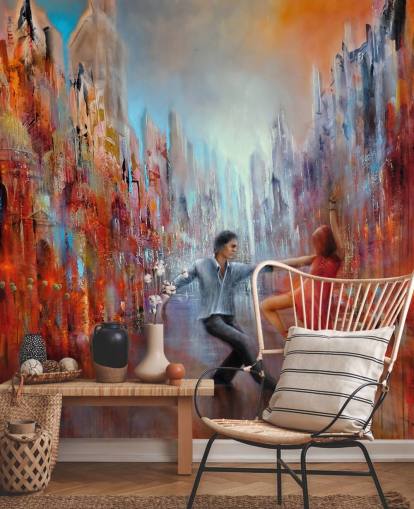 red and blue abstract painting of dancers in the city wallpaper red and blue abstract painting of dancers in the city wallpaper