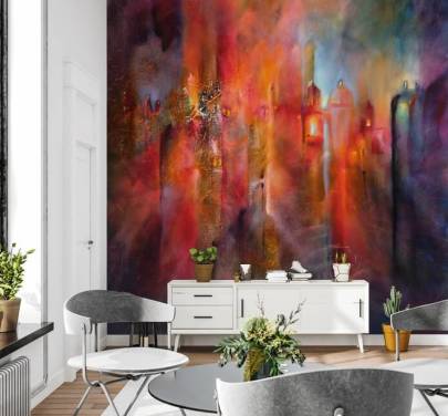 roze, rood en paars mistig stadsbehang