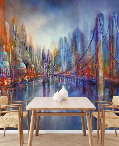 abstract red and blue painting of a city and bridge wallpaper abstract red and blue painting of a city and bridge wallpaper