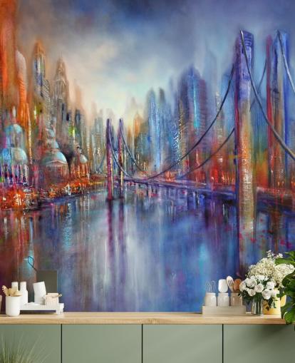 pintura abstrata vermelha e azul de um papel de parede da cidade e da ponte pintura abstrata vermelha e azul de um papel de parede da cidade e da ponte