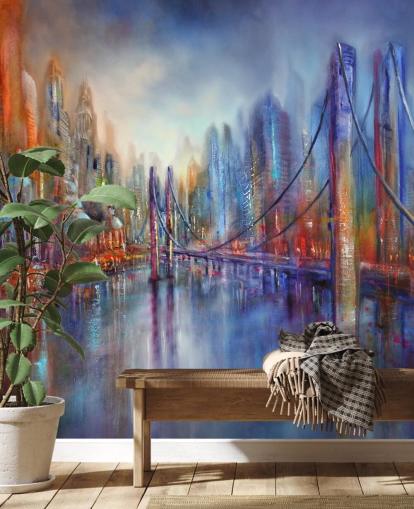 abstract red and blue painting of a city and bridge wallpaper abstract red and blue painting of a city and bridge wallpaper