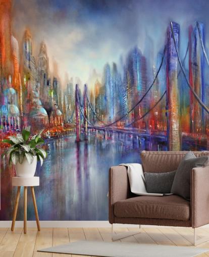 abstract red and blue painting of a city and bridge wallpaper abstract red and blue painting of a city and bridge wallpaper