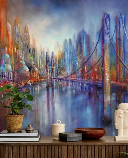 pintura abstracta roja y azul de un fondo de pantalla de ciudad y puente pintura abstracta roja y azul de un fondo de pantalla de ciudad y puente