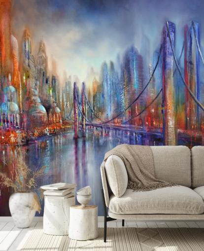 abstract rood en blauw schilderij van een stad en brugbehang abstract rood en blauw schilderij van een stad en brugbehang