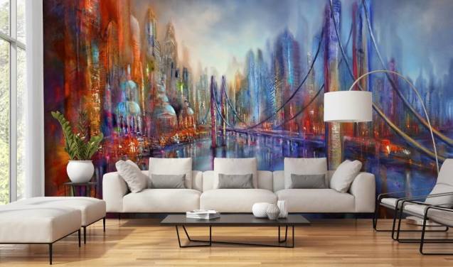pintura abstracta roja y azul de un fondo de pantalla de ciudad y puente