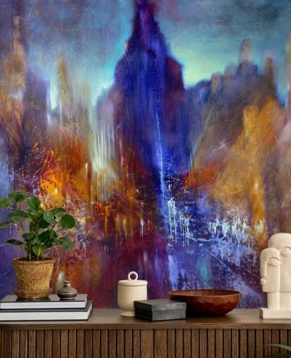 abstract painting of park tree path with sky scrapers above wallpaper abstract painting of park tree path with sky scrapers above wallpaper