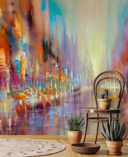 kleurrijk abstract schilderij van een stadsbehang kleurrijk abstract schilderij van een stadsbehang