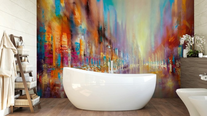 kleurrijk abstract schilderij van een stadsbehang
