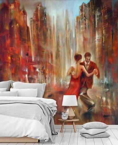 romantic painting of two people dancing in red city wallpaper romantic painting of two people dancing in red city wallpaper
