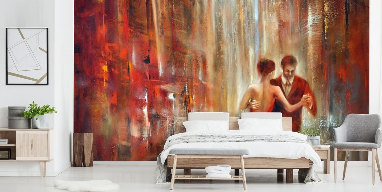 romantisch schilderij van twee mensen die dansen in rood stadsbehang