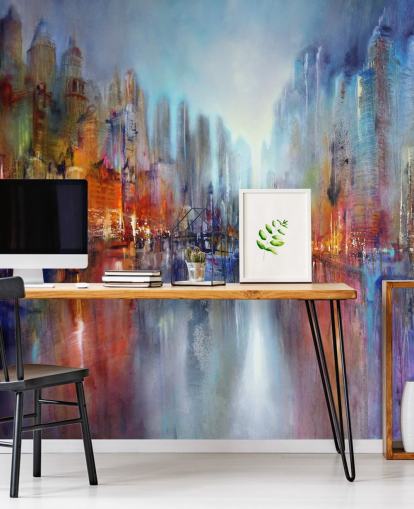 painted abstract of a city with a river flowing through wallpaper painted abstract of a city with a river flowing through wallpaper