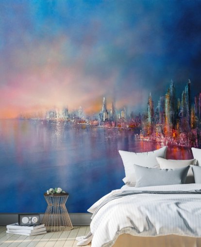 blauw en roze stadshemel abstract behang blauw en roze stadshemel abstract behang