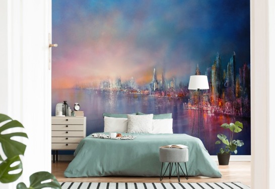 blauw en roze stadshemel abstract behang