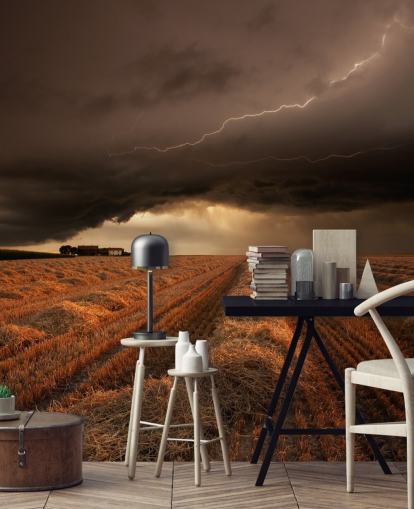 Lightening Above Hay Field Wall Mural Lightening Above Hay Field Wall Mural