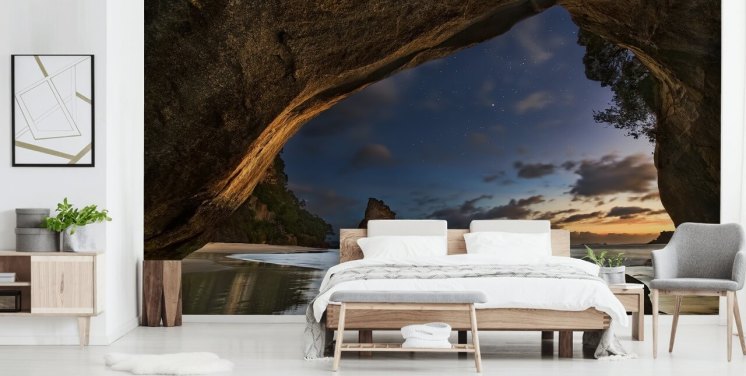 strandscene tapetmaleri kalt Cathedral Cove for stuer, soverom og hjemmekontorer