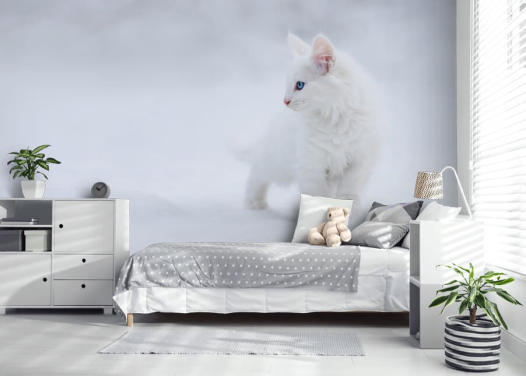 White Kitten in Snow Wall Mural