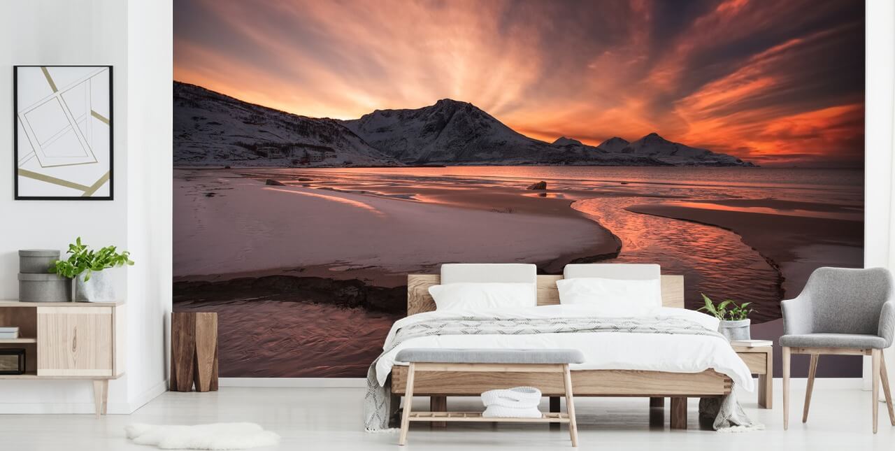 Roze Sunset Mountain River behang