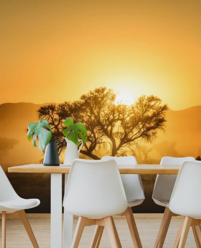 Papel pintado Amanecer dorado contra el árbol Papel pintado Amanecer dorado contra el árbol