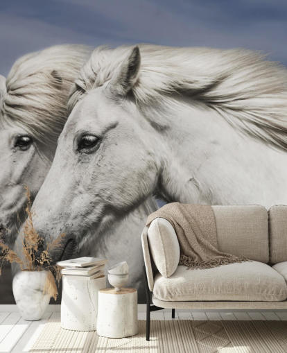 Witte paarden in windmuurschildering Witte paarden in windmuurschildering