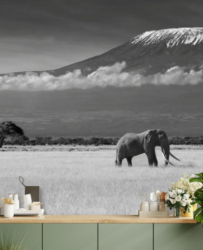 Black and White Elephant in Landscape Mural Black and White Elephant in Landscape Mural