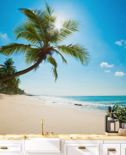 mural de papel de parede de praia personalizado azul, verde e dourado chamado Tropical Beach mural de papel de parede de praia personalizado azul, verde e dourado chamado Tropical Beach