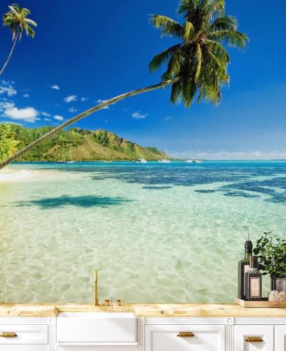 blå och grön tropisk strand tapetväggmålning kallad Palm Tree Lagoon för sovrum och hemmakontor blå och grön tropisk strand tapetväggmålning kallad Palm Tree Lagoon för sovrum och hemmakontor