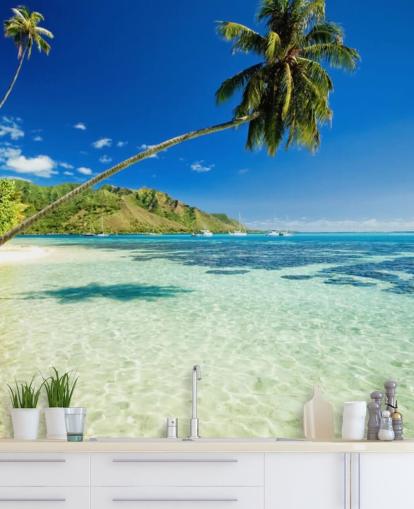 blå och grön tropisk strand tapetväggmålning kallad Palm Tree Lagoon för sovrum och hemmakontor blå och grön tropisk strand tapetväggmålning kallad Palm Tree Lagoon för sovrum och hemmakontor