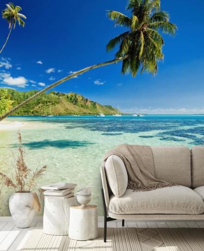 sininen ja vihreä trooppinen ranta taustakuvamaalaus nimeltä Palm Tree Lagoon makuuhuoneisiin ja kotitoimistoihin sininen ja vihreä trooppinen ranta taustakuvamaalaus nimeltä Palm Tree Lagoon makuuhuoneisiin ja kotitoimistoihin