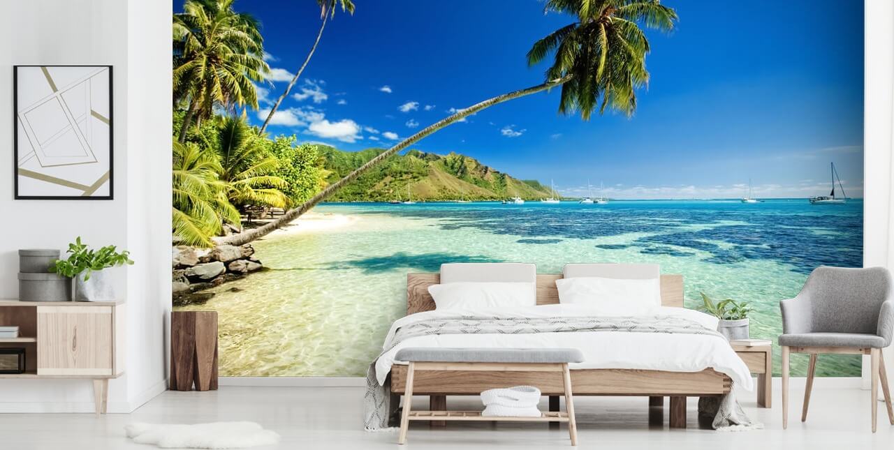 blue and green tropical beach wallpaper mural called Palm Tree Lagoon for bedrooms and home offices blue and green tropical beach wallpaper mural called Palm Tree Lagoon for bedrooms and home offices