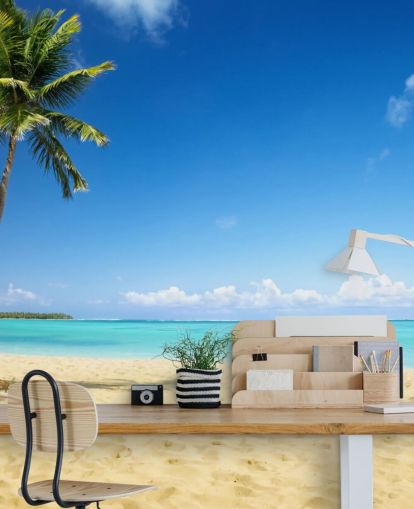 blå og gylden tilpassede strand tapetvægmaleri kaldet Palm Tree Paradise til stuer, spisestuer og kontorer blå og gylden tilpassede strand tapetvægmaleri kaldet Palm Tree Paradise til stuer, spisestuer og kontorer