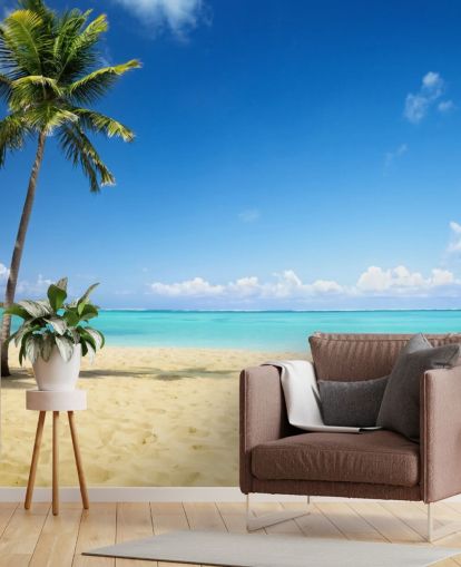 blå og gylden tilpassede strand tapetvægmaleri kaldet Palm Tree Paradise til stuer, spisestuer og kontorer blå og gylden tilpassede strand tapetvægmaleri kaldet Palm Tree Paradise til stuer, spisestuer og kontorer