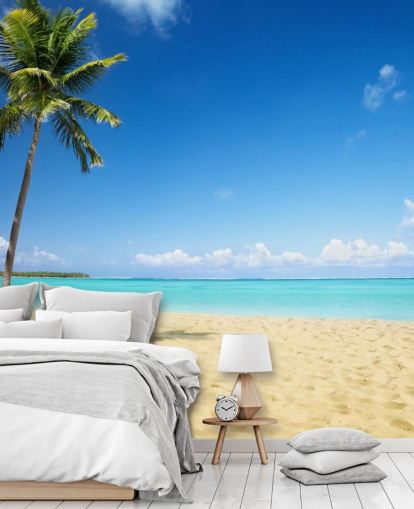 blue and golden customisable beach wallpaper mural called Palm Tree Paradise for living rooms, dining rooms and offices blue and golden customisable beach wallpaper mural called Palm Tree Paradise for living rooms, dining rooms and offices