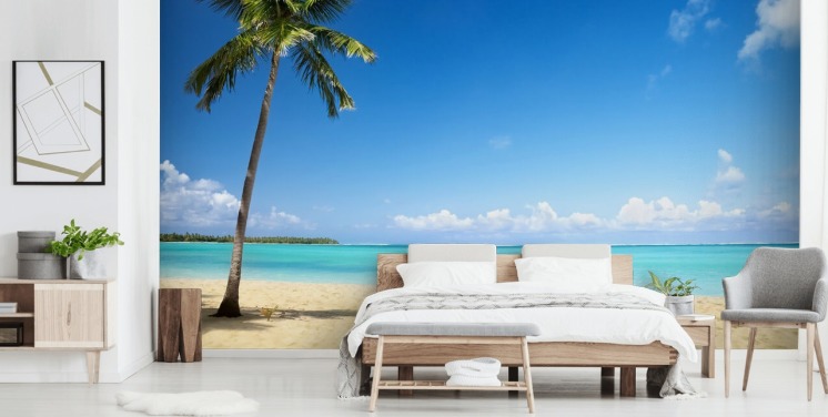 blått og gyldent tilpassbart strandtapet veggmaleri kalt Palm Tree Paradise for stuer, spiserom og kontorer