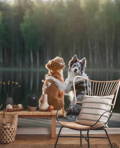 two dogs sat by a lake with arms around each other wall mural two dogs sat by a lake with arms around each other wall mural