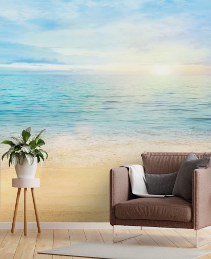 blauw strandbehang op maat genaamd Sea and Sand Tranquility voor badkamers blauw strandbehang op maat genaamd Sea and Sand Tranquility voor badkamers