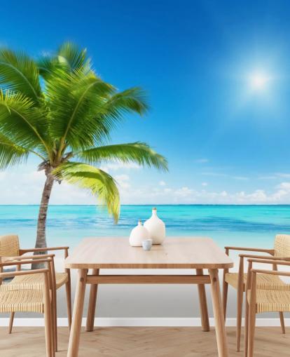 blå och vit anpassad strandtapet väggmålning som heter Palm and Sea för hem eller kontor  blå och vit anpassad strandtapet väggmålning som heter Palm and Sea för hem eller kontor