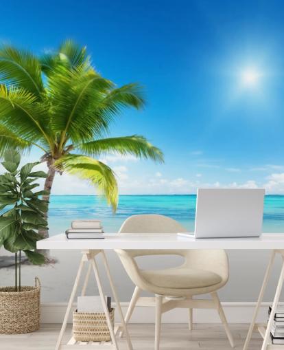 blue and white custom beach wallpaper mural called Palm and Sea for home or office blue and white custom beach wallpaper mural called Palm and Sea for home or office